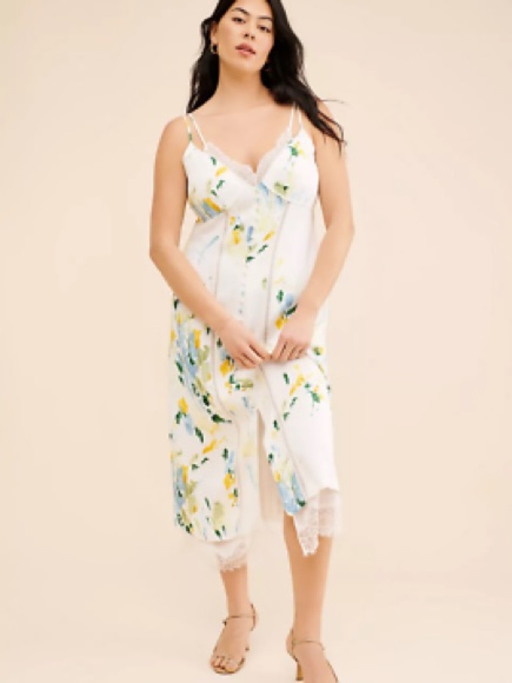 Anthropologie White Slip Dress with Blue & Yellow Floral Print - Picture 2 of 2